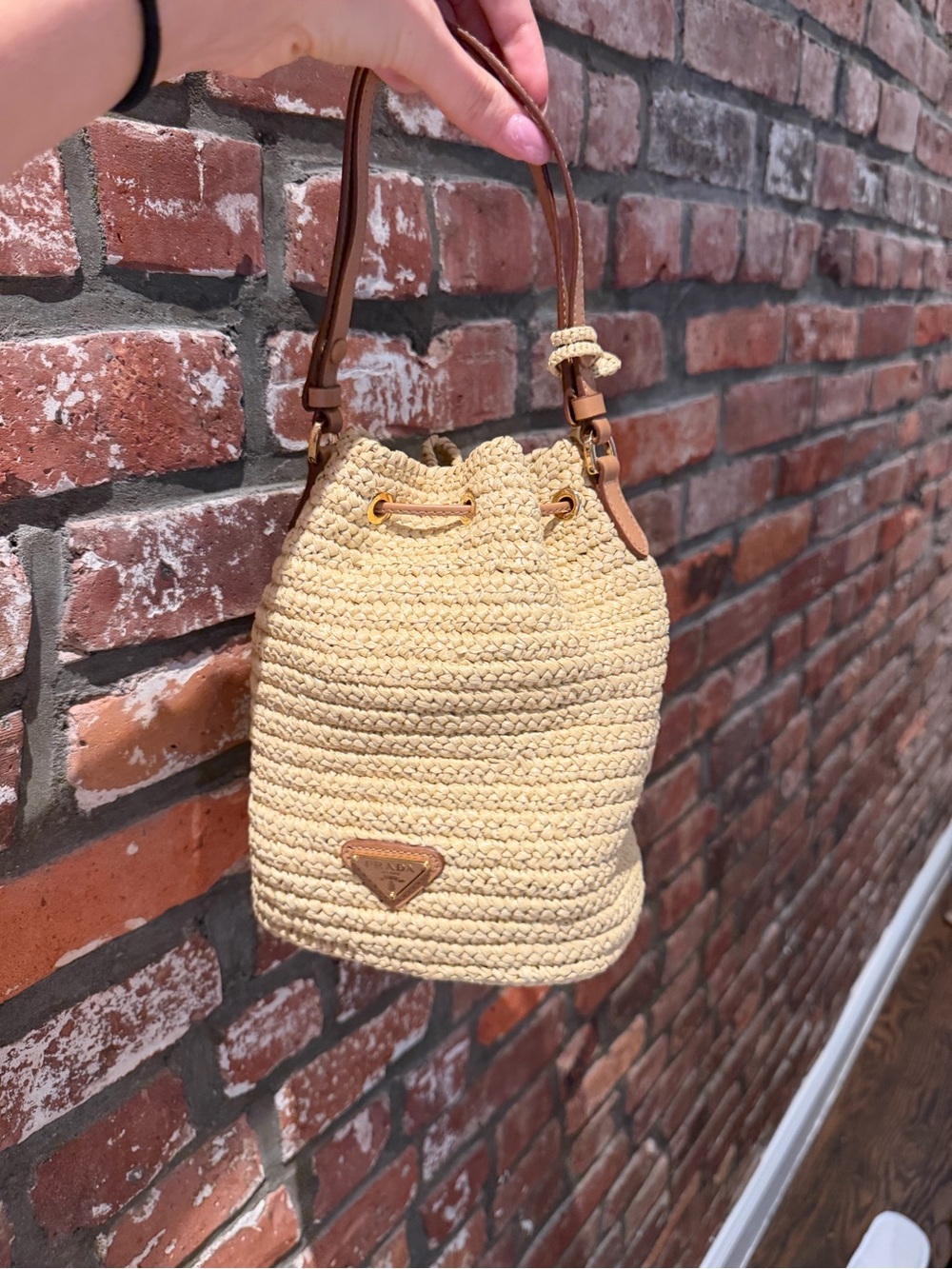 Prada Beige Straw Crochet Bucket Bag with Tan Leather Trim - Picture 2 of 5